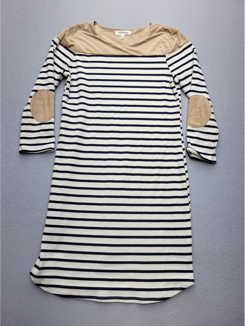 Monteau Women's Dress 3/4 Medium Blue Pencil Mini Sleeve Stripes Elbow Patch